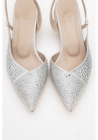Sella Gümüş Saten Taşlı Kadın Kısa Topuklu Ayakkkabı Gümüş