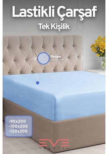 Eve Tekstil Fitted Yüksek Kaliteli Penye Kumaş Tek Kişilik Lastikli Çarşaf Mavi