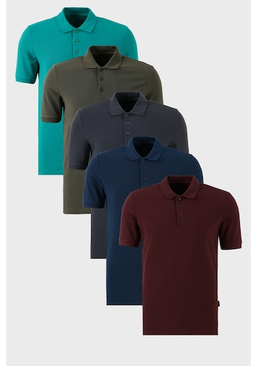 Buratti Pamuklu Regular Fit Düğmeli Polo Yaka 5'Li Paket Erkek T Shirt 5902127S5 Vişne-Antrasit-Haki-Indigo-Benetton