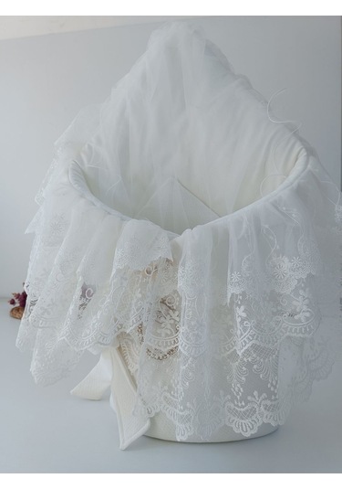 Dantelli Bebek Battaniyesi %100 Pamuklu Doğal Organik Uyku Kundağı Hediyelik Yenidoğan Mevlütlük Knd45516 Ekru