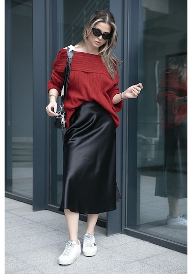 Lela Oversize Fit Madonna Yaka Triko Bayan Kazak 4615216 Kırmızı