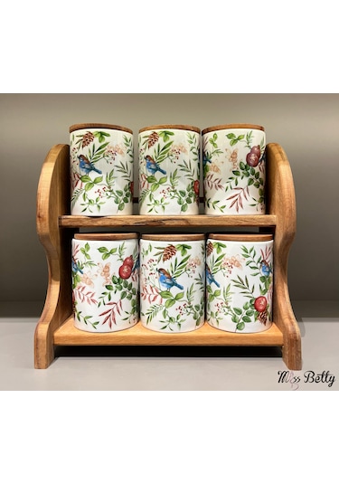 Mira Ahşap Standlı 6'lı Porselen Baharatlık Çok Renkli