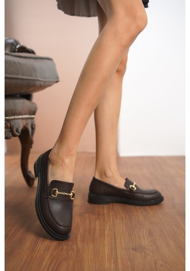 Garantili Horse Kadın Zincirli Loafer Günlük Ayakkabı Kahverengi