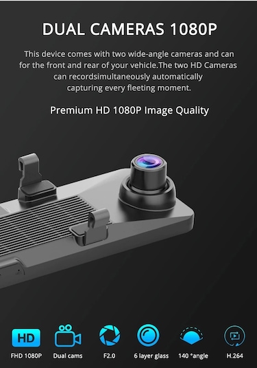 Wevolt 4g Hb-20-3 64 Gb 12 İnç Dokunmatik Ayna Kamera Android Uzaktan İzlemeli 1080p Ön Arka Araç Kamera.