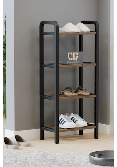 4 Katlı Ekonomik Ahşap Çubuklu 40 Cm Ayakkabılık, Raf Ünitesi Ceviz