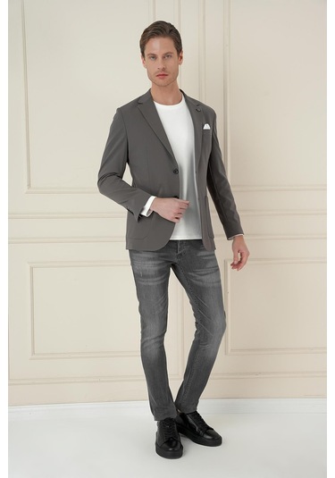 Slim Fit Torba Cep Esnek Spandex Karışımlı Düz Koyu Haki Blazer Ceket C 696 Haki