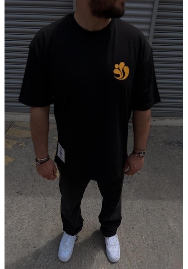 Erkek Bisiklet Yaka Baskılı Oversıze Siyah T-shirt Siyah