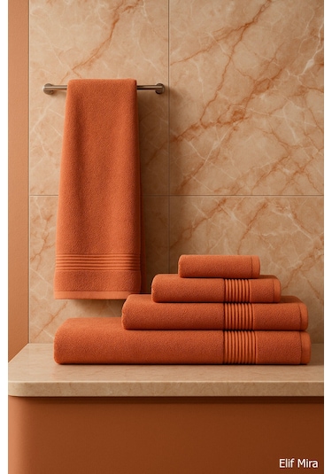 6 Parça Banyo Havlusu Seti Pamuklu 70x140 Cm Serenio Kiremit-kiremit