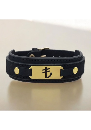 Archin Türk Lirası Temalı Doğal Siyah Derili Oval Motifli 14 Ayar Altın Plakalı Hediye Bileklik-438sembol Türk Lirası