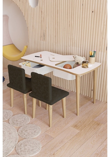 Fahrettin Küçük Montessori Çocuk Masası Oyun Masası Aktivite Masası Çalışma Masası 2 Adet Siyah Welsoft Sandalyeli Siyah