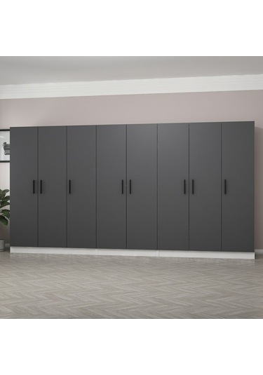 Minar Kale 8 Kapaklı 4 Çekmeceli Dolap Beyaz Antrasit 190cm Çok Renkli