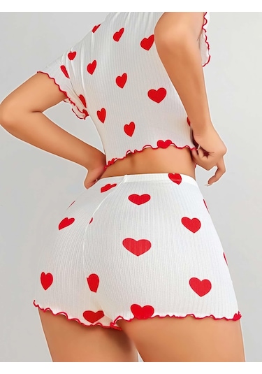 Kadın Beyaz Kırmızı Kalp Desenli Şortlu Gecelik Takım 5023 Beyaz