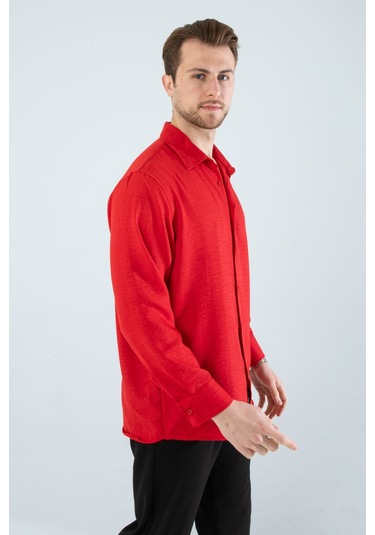 Rahat Kesim Keten Dokulu Gömlek Kırmızı