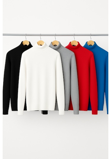 5 Li Paket Kadın Basic Tam Balıkçı Yaka Kazak Çok Renkli-3