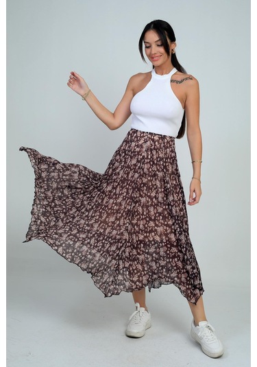 Kadın Beli Lastikli Astarlı Mini Çiçekli Midi Kraşlı Üçgen Etek-41769 Kahve