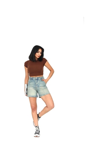 Tint Wash Denim Mini Şort Mavi