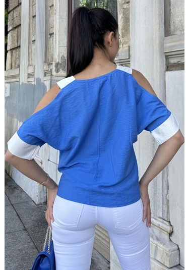 Kadın İndigo Omuz Dekolteli Kısa Kol, Salaş Keten Bluz Indigo