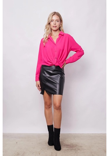 Yakalı Önü Pileli Uzun Kol Likrasız Şık Kumaş Gömlek-Fujya Fujya
