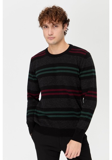 Erkek Sıfır Yaka Renkli Çizgili Klasik Yün Kazak Siyah Siyah