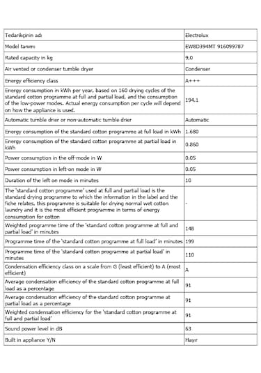 Electrolux EW8D394MT 800 Serisi Ultracare Steam 9 Kg Isı Pompalı Buharlı Inverter Kurutma Makinesi
