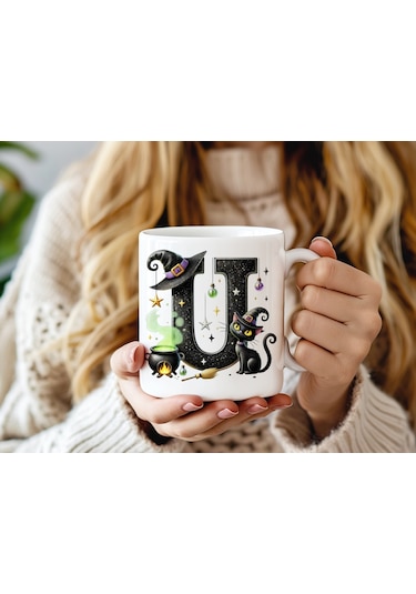 U Harfli Halloween Kedili Figür Kupa Bardak - Şapkalı Ve Kazanlı İsme Özel Kupa - Hediye 07 Beyaz