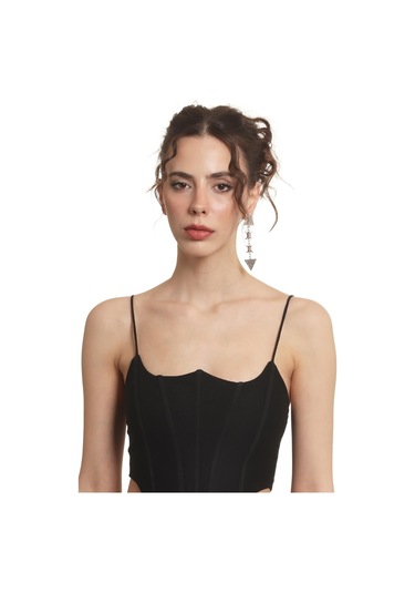 Kadın Antik Gümüş Kaplama Çivili Model Üçgen Parça Bağlantılı Tasarım Küpe Gümüş