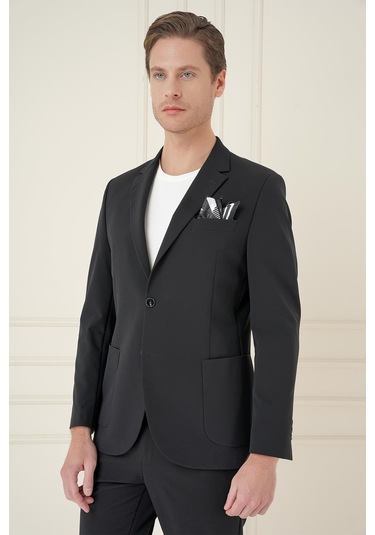 Slim Fit Torba Cep Esnek Spandex Karışımlı Düz Siyah Blazer Ceket C 696 Siyah