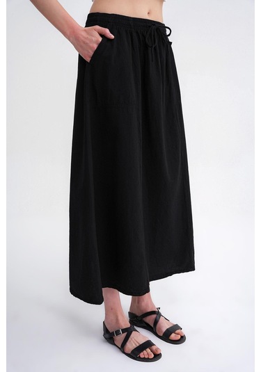 4633 Kadın Yandan Cepli Parçalı Etek Siyah Siyah