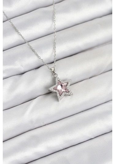 316l Çelik Zincir Gümüş Renk Pembe Taşlı Yıldız Model Kadın Kolye - Prt3500eb09343-95265 Gümüş