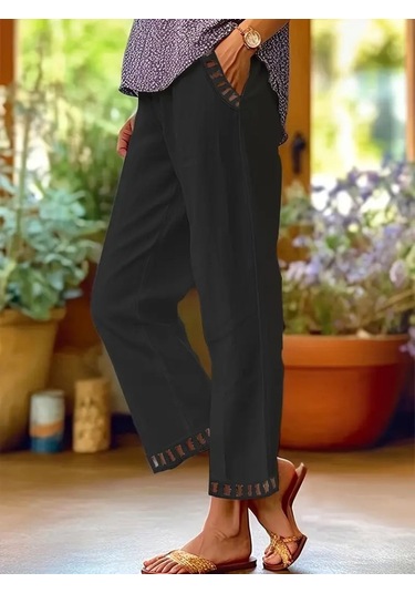 Kadın Beli Lastikli Bağcıklı Cep Ve Pantolon Ucu Güpür Detaylı Pantolon Siyah