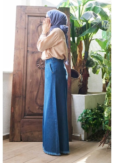 1153-denim Püsküllü Pantolon Etek Koyu Mavi Koyu Mavi