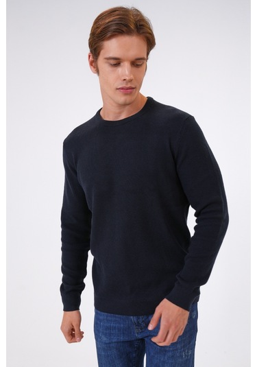 Siyah Regular Fit Jakarlı Pamuklu Bisiklet Yaka Triko-lacivert Lacivert