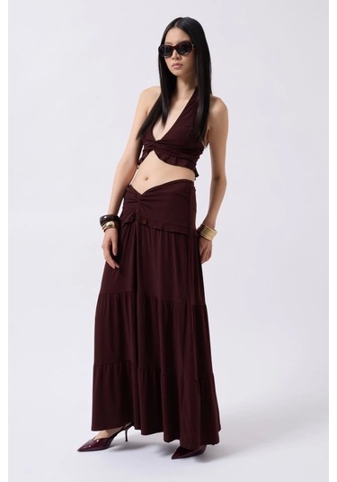 Düğüm Detay Fırfırlı Crop Kahverengi