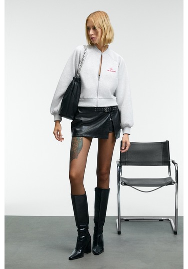 Grımelange Yasvell Kadın Metal Fermuarlı Çift Cepli Nakış Detaylı Balon Kollu Bomber Grimelanj Ceket Grimelanj