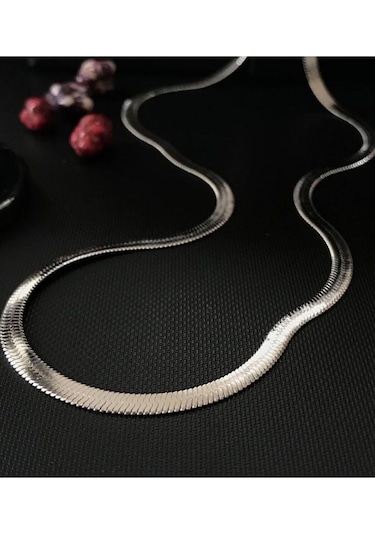 İtalyan Zincir Kolye Yassı Balıksırtı Model Kararmaz Çelik Kolye Gümüş 42+5 Cm Silver