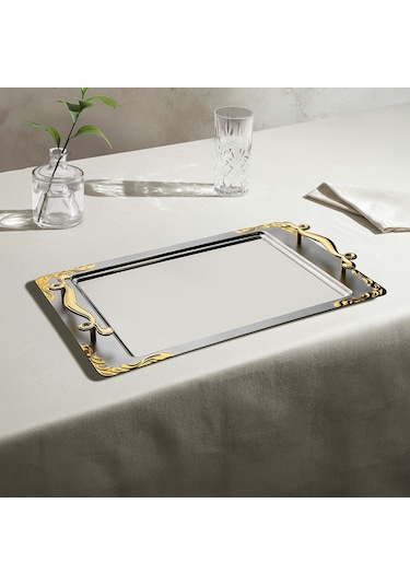 Nehir Lalezar Altın Saten Çelik Çay Tepsi