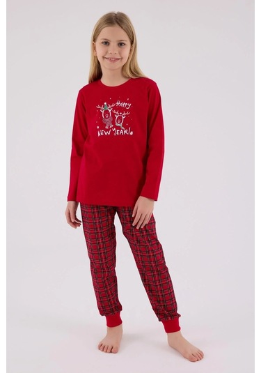 Arnetta 3514 Anne&kız Uzun Kollu Bisiklet Yaka Pijama Takımı-kırmızı Kırmızı