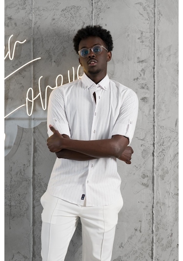 Advante Kalın Çizgili Katlamalı Kol Yaka Düğmeli Slimfit Pamuklu Yazlık Gömlek 001