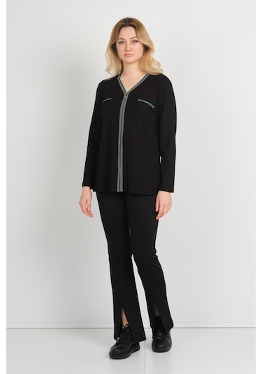 Detay Triko Kadın Süs Cepli Toka Detaylı Uzun Kol Anne Bluz 5717 Siyah Siyah