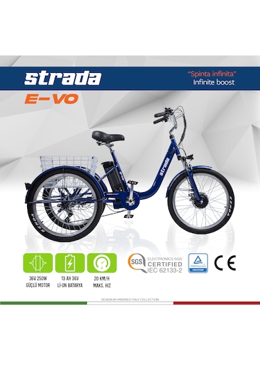 Stradacycles E-VO Mekanikdisk 24 Jant Üç Tekerlekli Elektrikli Bisiklet Mavi