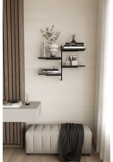 Aju 4 Katlı Duvar Rafı Metal Çerçeveli Dekoratif Kitaplık Ve Raf Ünitesi Modern Ve Minimalist Tasarım Siyah