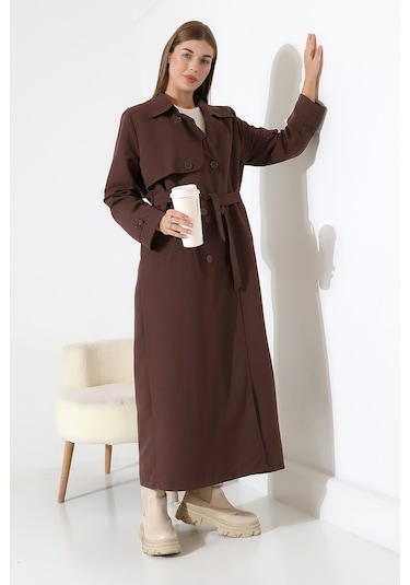 Amazon Keten Kumaş Uzun Boy Düğmeli Astarlı Yumuşak Dokulu Trenç Kot Koyu Kahve Koyu Kahverengi