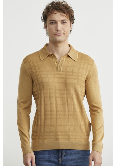 Sementa Polo Yaka Ekose Motifli Triko Kazak - Kamel CAMEL