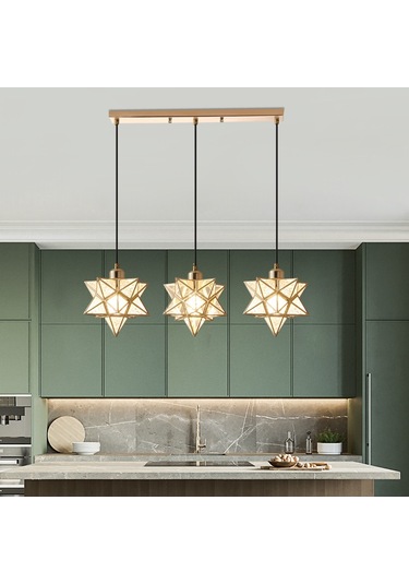 Konesam Modern Üçlü Avize - Yemek Odası, Bar, Koridor İçin Lüks Kristal Dekoratif Aydınlatma Altın Cam Altın