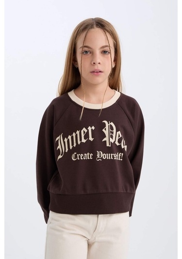 DeFacto Kız Çocuk Relax Fit Bisiklet Yaka Baskılı İçi Yumuşak Tüylü Sweatshirt D7042A824WNBN116
