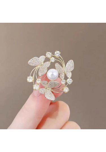 Monyee Kelebek Desenli İkiz Perl Yaka İğnesi - Kc Altın Kaplama, Zirve Eleganlığa Sahip Giyim Aksesuarı Çok Renkli