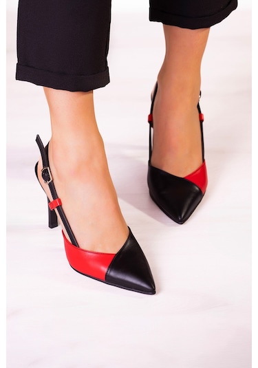 Erkan Saçmacı Sacha Siyah Kırmızı Arkası Açık İnce Topuklu Ayakkabı Siyah - Kırmızı