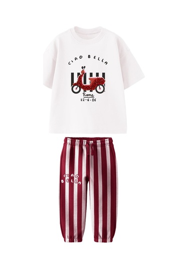 Kız Çocuk Scooter Üzeri Aplike Detaylı Tshirt Ve Çizgili Jogger Alt Üst Takım Bordo Beyaz Beyaz - Bordo