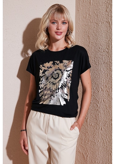 Lela Baskılı Bisiklet Yaka Regular Fit Bayan T Shirt 6671001 Siyah