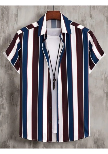 Snapbuy 2025 Erkek 3d Havai Gömlek - Basit Çizgili, Gevşek Nefes, Yazlık Kısa Kollugri Gri